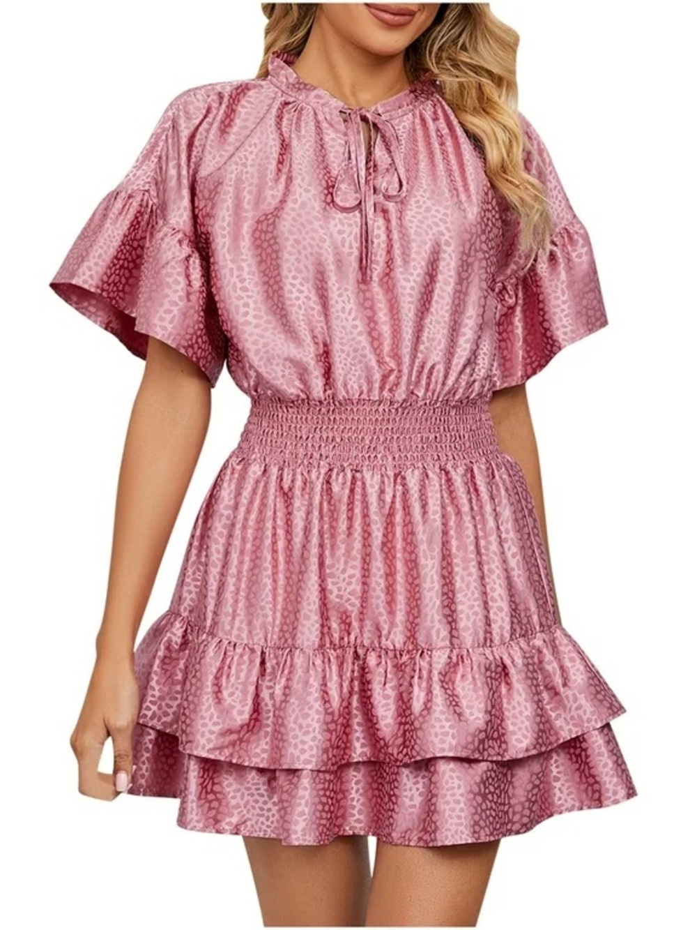 Umgee Rose Pink Satin Tiered Ruffle Mini Dress - Picture 2 of 4
